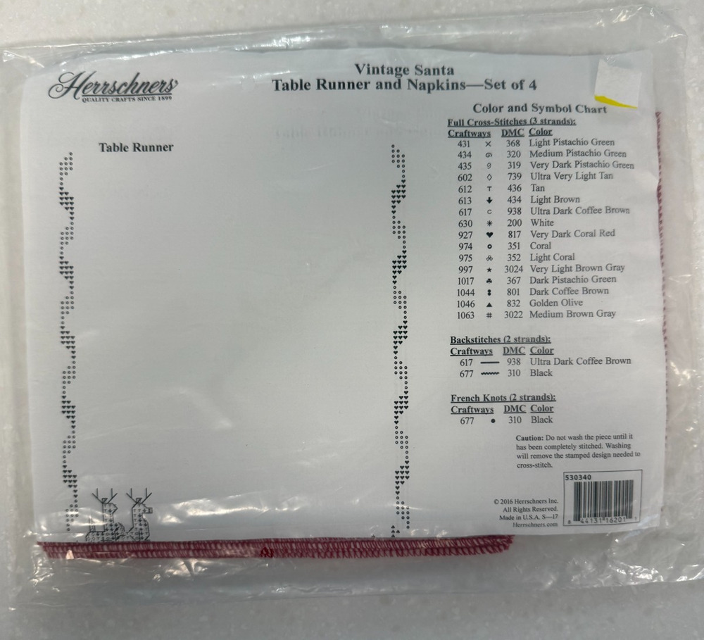 Herrschners Vintage Santa Stamped Cross Stitch Table Runner & Napkins Kit - NOS